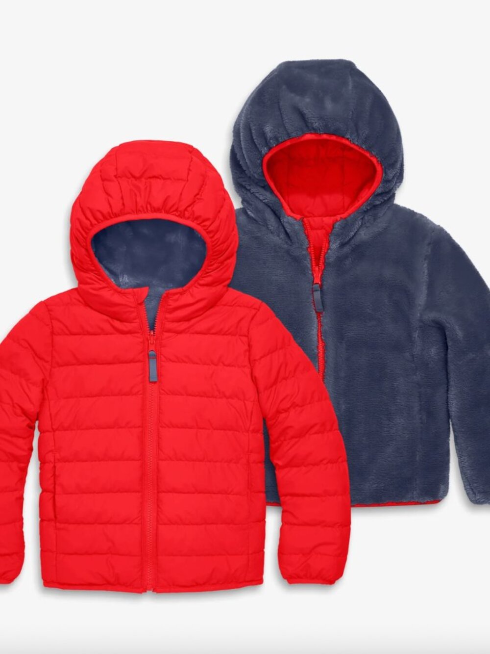 Primary Kids Reversible Fleece Puffer Jacket Tomato Red Sunwashed Navy - Size 3